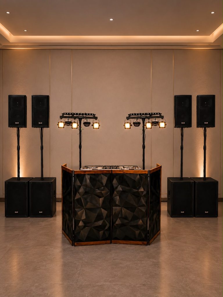 Paquete 3 — sistema grande con cuatro bocinas, cuatro subwoofers y dos torres de iluminación